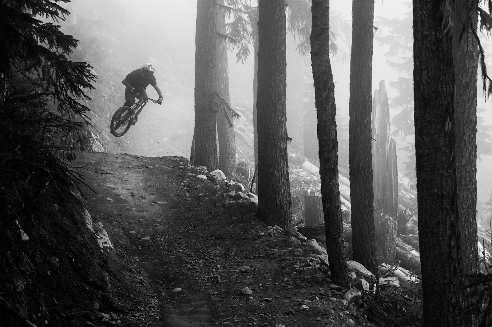 Kelly McGarry tables his mountain bike on Freight Train a trail in Whistler Bike Park Whistler BC Photo Dan Barham