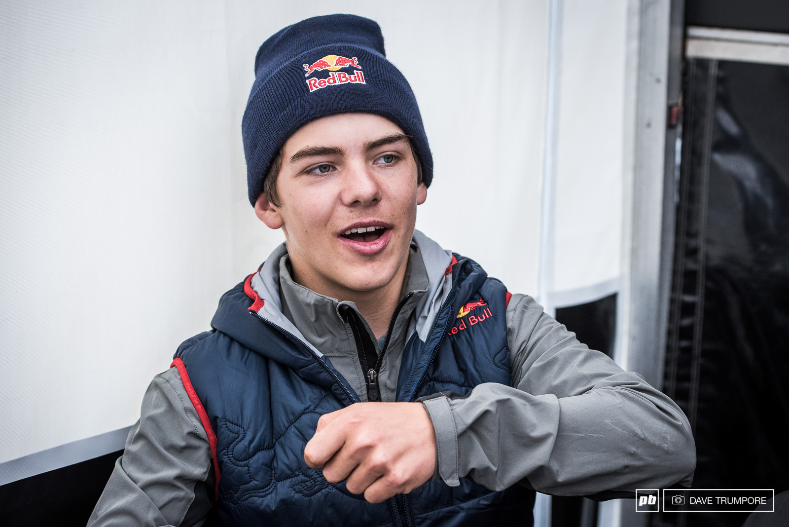 All smiles for Finn as he recounts his big qualifying crash. He knows he was on a good one and will take that confidence into his first WC final tomorrow afternoon.
