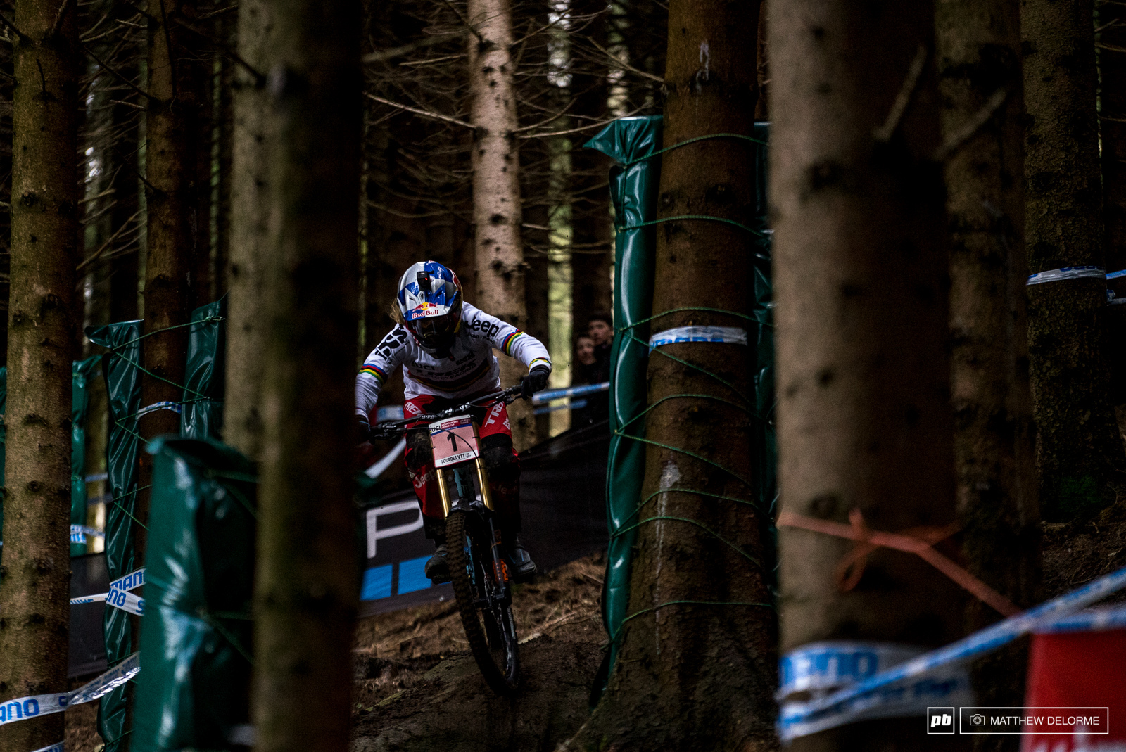 Rachel Atherton running to a second place qualifying today. The champ is no stranger to sloppy conditions like these look for her to lay down the gauntlet tomorrow.