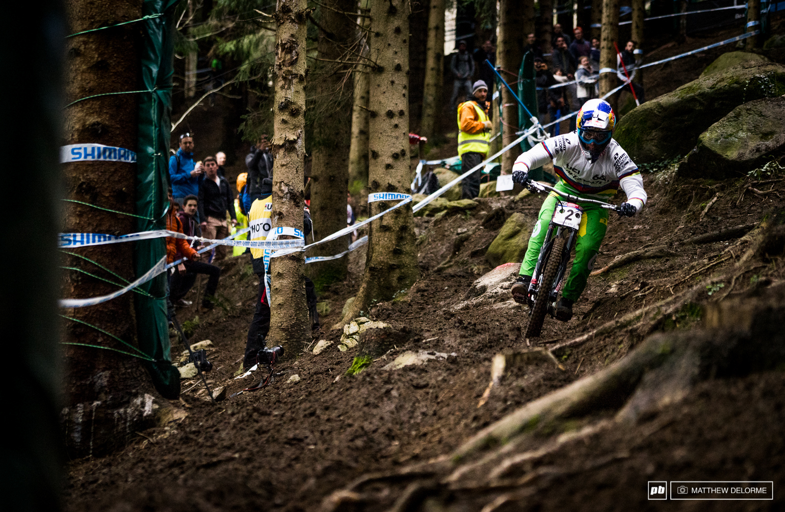 Loic Bruni has been called the first Pope of Downhill this week. We can see why. He s been blisteringly fast on a track where many have struggled. He has parted the mud and the water with seems could only be divine ability. Loic qualified first today in his technicolor rainbow jersey.