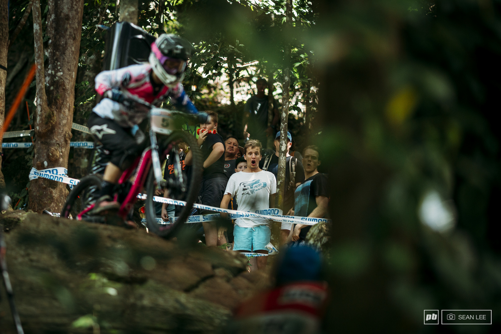 The legendary local Tracey Hannah blowing minds. She was one of three girls to hit the A-line through the rock garden today and the crowd loved it.