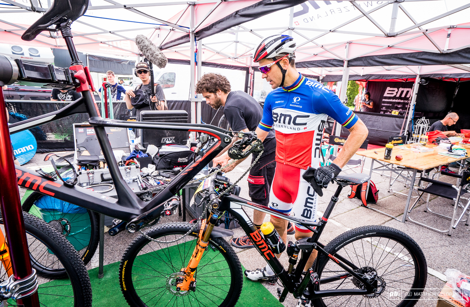 Julien is the clear favorite here in La Bresse. Multiple French television crews came through the BMC pits to film before Absalon went out for practice.