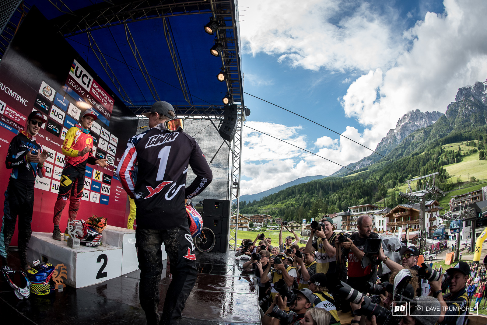 With the 1 on his back Aaron Gwin climbs to the top step of the podium for the second time this year.
