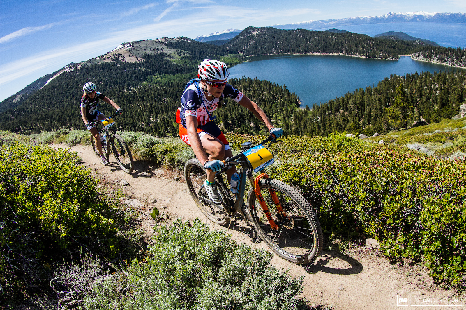 Rose Grant and Amy Beisel battle it out on one of the highest peaks of the course. It is a long and steep climb from the base of Marlette Lake seen below .
