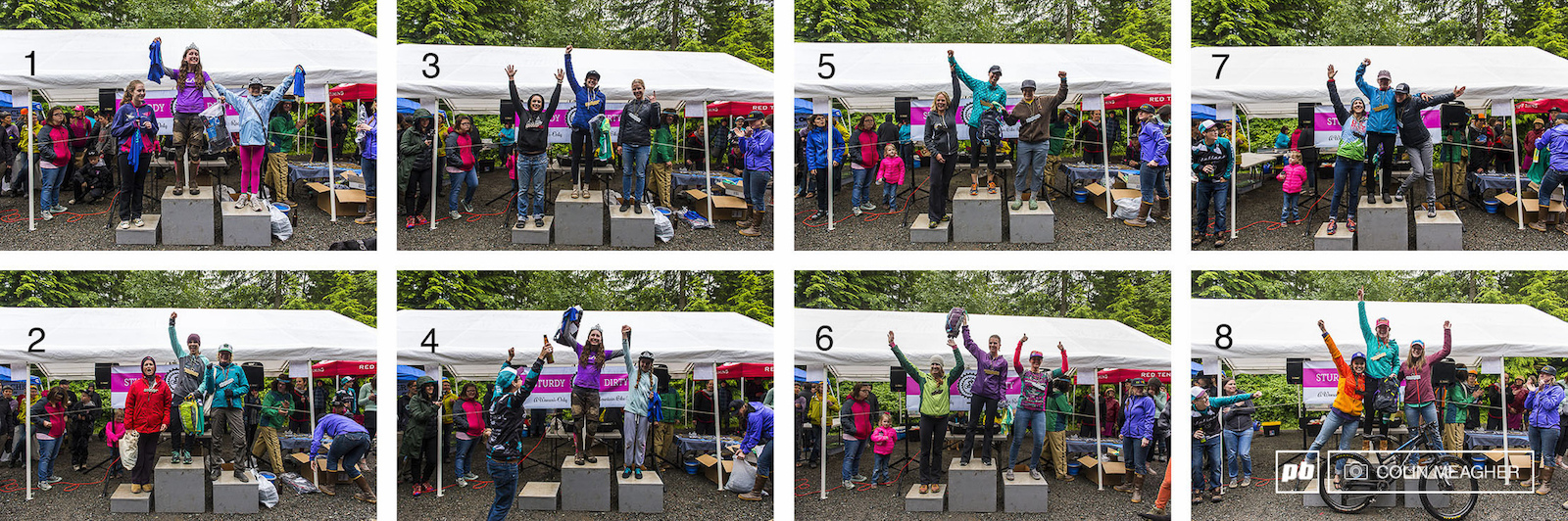 There were nine podiums in all. They were (winners listed L-R): 1) Beginner Junior podium Autumn Parham (3), a stand in for Torrey Lind (1), and Callah Robinson (2); 2) Beginner Master podium Paige Anderson (3), Kindahl Reed (1), and Jenn Jones (2); 3) Beginner podium Andrea Mayes (3), Katie Sox (1), and Liza Bee Hodgins (2); 4) Sport Junior podium Alli Gaertner (DNF and not present for the podium), Elena Runyan (1), and Nyla Stephens (2); 5) Sport Master podium Kathy Salisbury (3), Nathalie Mikinka (1), and  Hidi Cramer (2); 6) Sport podium Kathryn Irish (3), Selina Miller (1), and Jessica Hatch (2); 7) Expert Masters Amy Josefczyk (3), Cristine Smith(1), and Elaine Bothe (2); and 8) Expert Amanda Bryan (3), Delia Massey (1), and Michelle Warner (2).