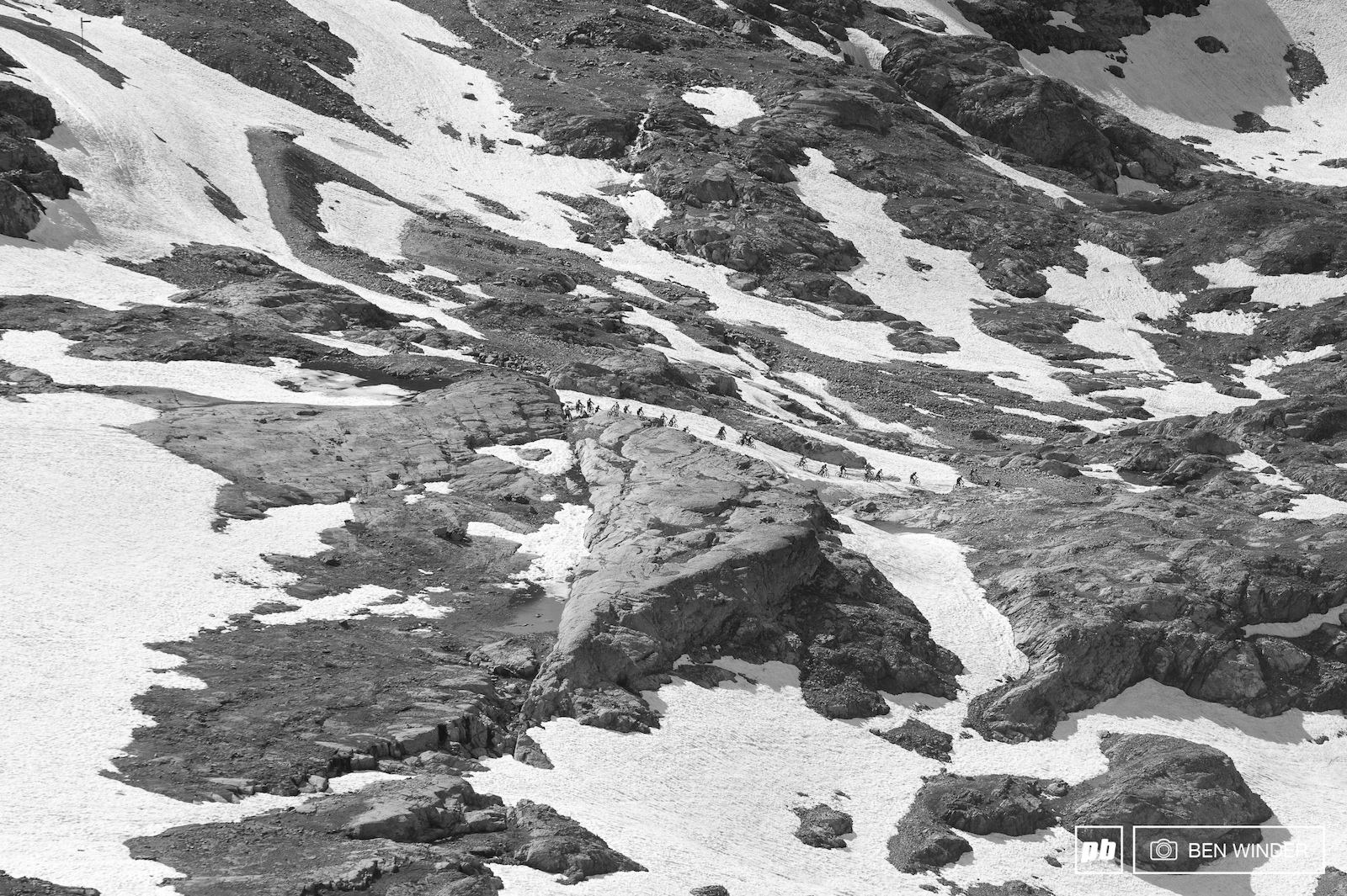 Patchy snow in between the big sheet rock.