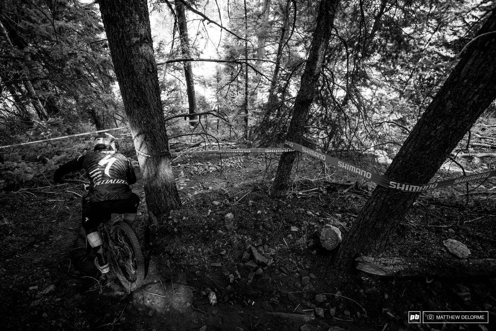 Curtis Keene tackling the steep loose switchbacks of the monster sized stage three.