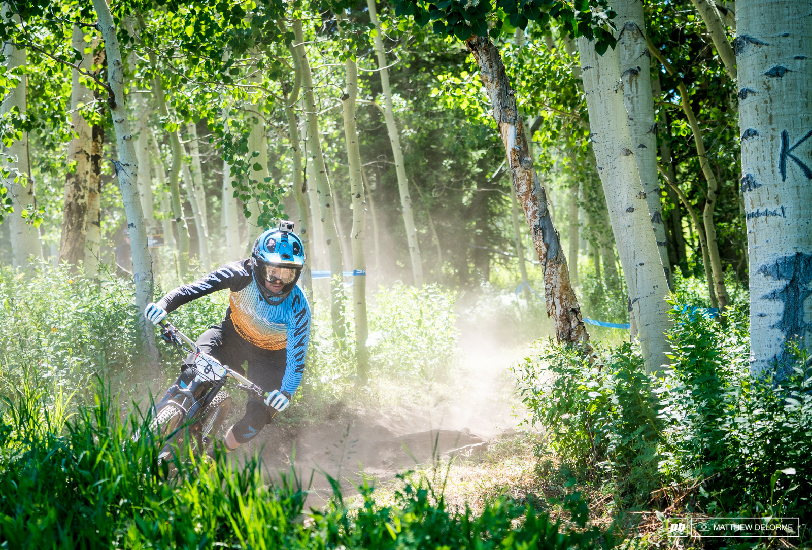 Joe Barnes has been digging plenty of loose corners at home and sliding about on a daily basis. Perhaps that training will pay off here on the loose trails in Aspen.