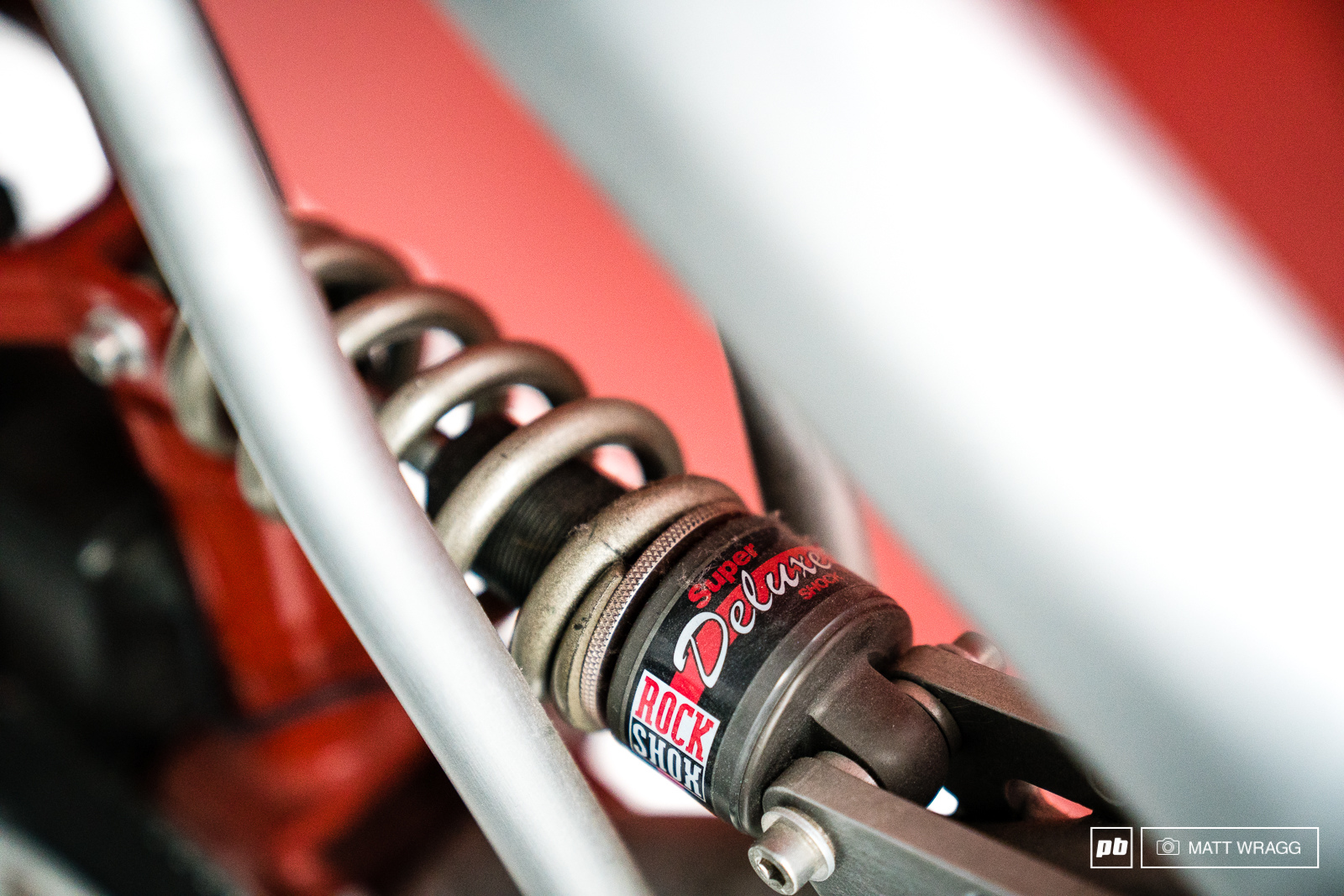 One of the few standard components on the bike was Rockshox s Super Deluxe rear shock.