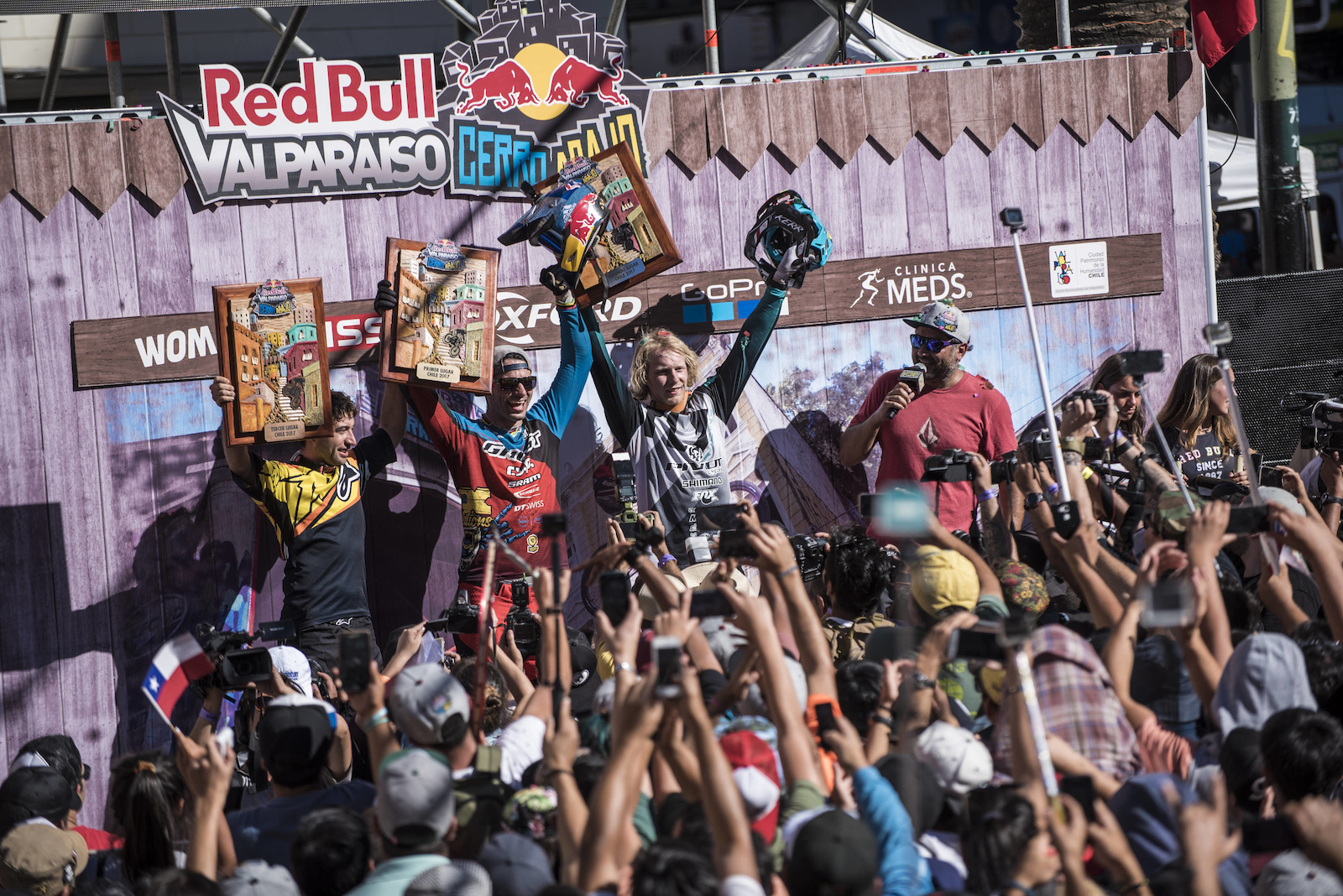 Pedro Ferreira, Thomas Slavik and Bernard Kerr celebrates during Red Bull Valparaiso Cerro Abajo in Valparaiso, Chile on February 19, 2017 // Nicolas Gantz / Red Bull Content Pool // P-20170220-00243 // Usage for editorial use only // Please go to www.redbullcontentpool.com for further information. //