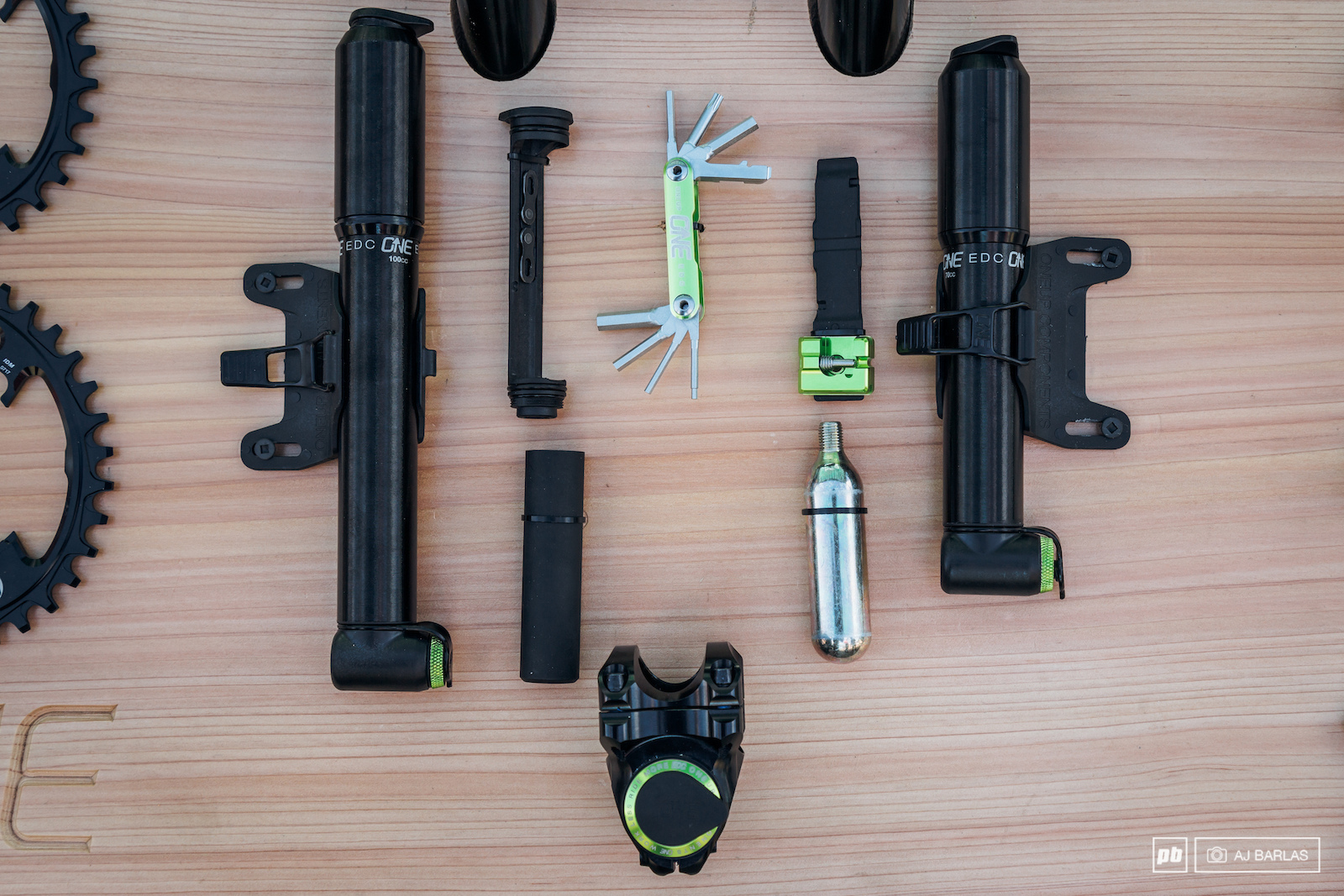 OneUp Components EDC (Everyday Carry) tool, all of it's parts, which include tire levers, a multi tool, C02 and chain tool, as well as the high volume pumps that they are now producing too, which also integrate with the EDC tool.