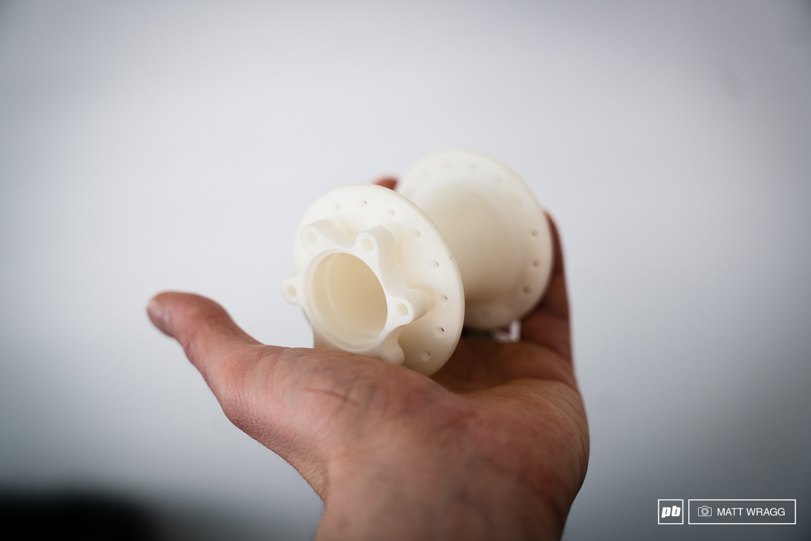 The initial 3D printing of a hub - they prototype all of the elements this way including the ratchet system.