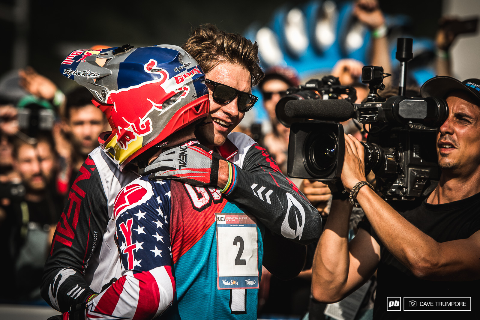 Fierce competitors and true gentlemen. Greg Minnaar congratulates Aaron Gwin at the finish line.