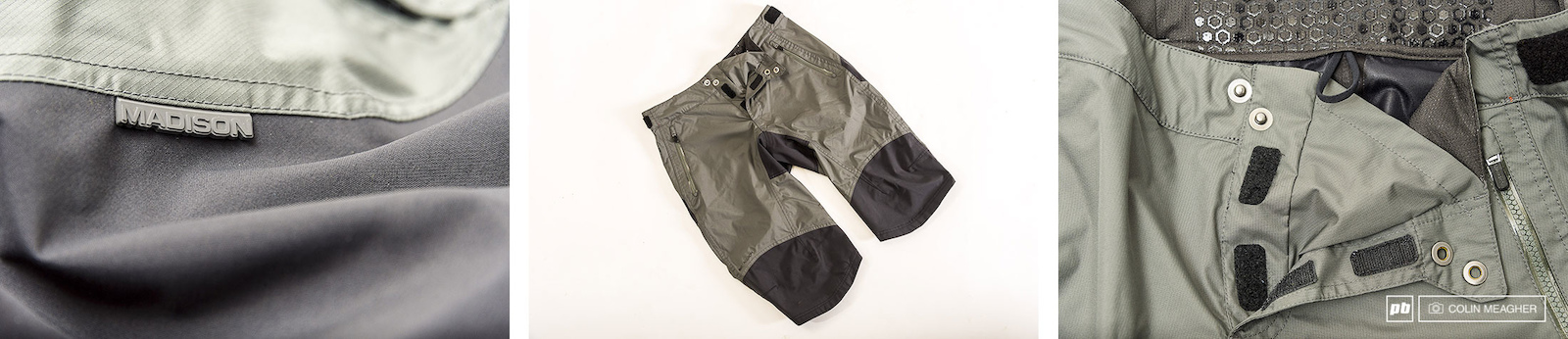 Madison's DTE Waterproof short: so much awesome at such a good price. Details: 3 layer fabric in the high wear areas, double snaps on the fly, and a privacy patch to keep water out and privates, well, private; gripper elastic, and waist tab adjusters.