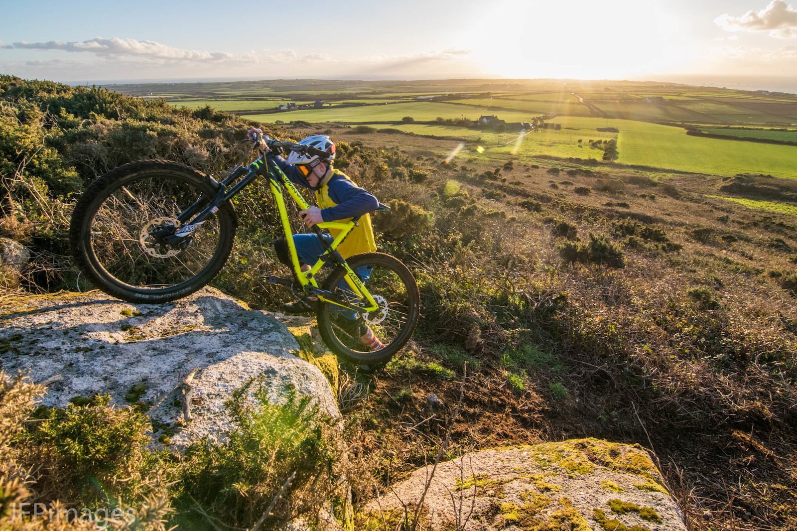 Kieron Hall pushing his Commencal meta up a lump of granite on a Cornish hillside one sunny evening last week during a photoshoot we did.