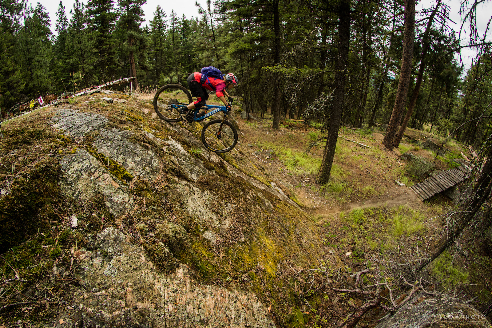 No shortage of rock faces here. Pivot rider Nikki Rohan sending it