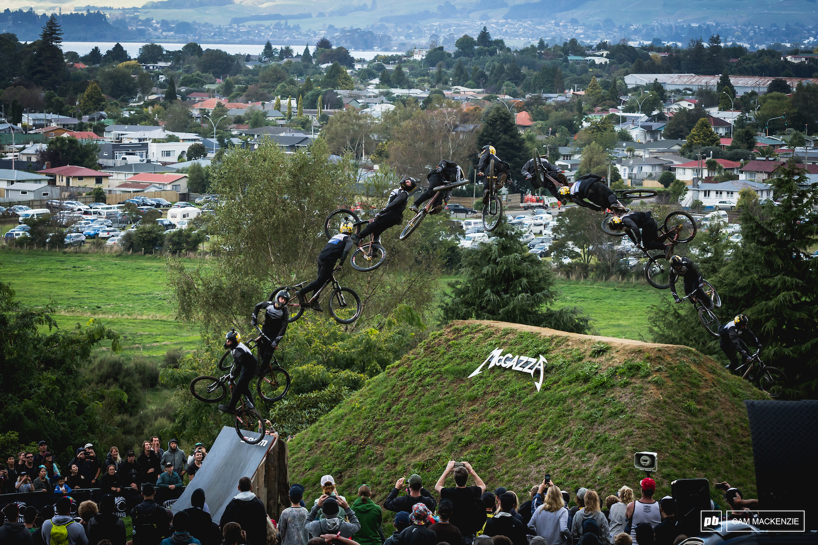 Nicolia Rogatkin winding up his 1440 spin during the last run of Crankworx Rotorua Slopestyle 2018