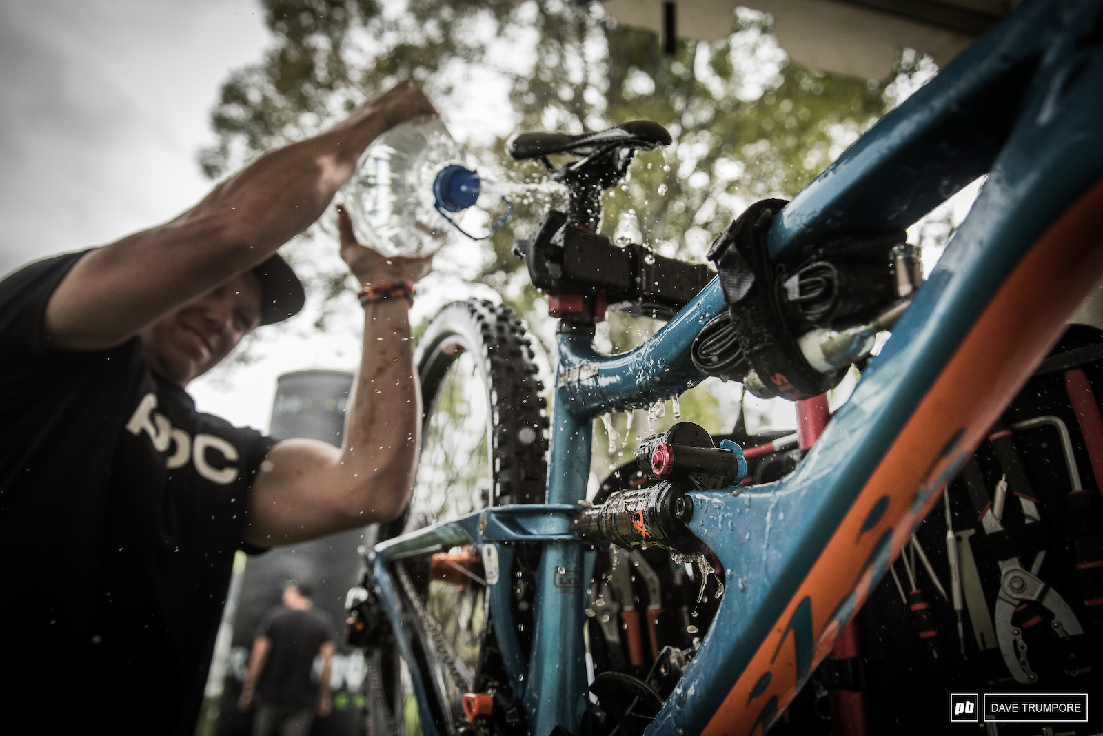 With a massive bike wash line and lack of hoses on the pits the mechanics had to improvise in order clean drivetrains during the racers one pit stop of the day.