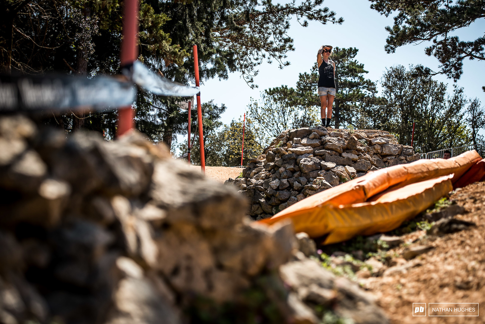 Emilie Siegenthaler spots the distant landing on one of the massive senders.