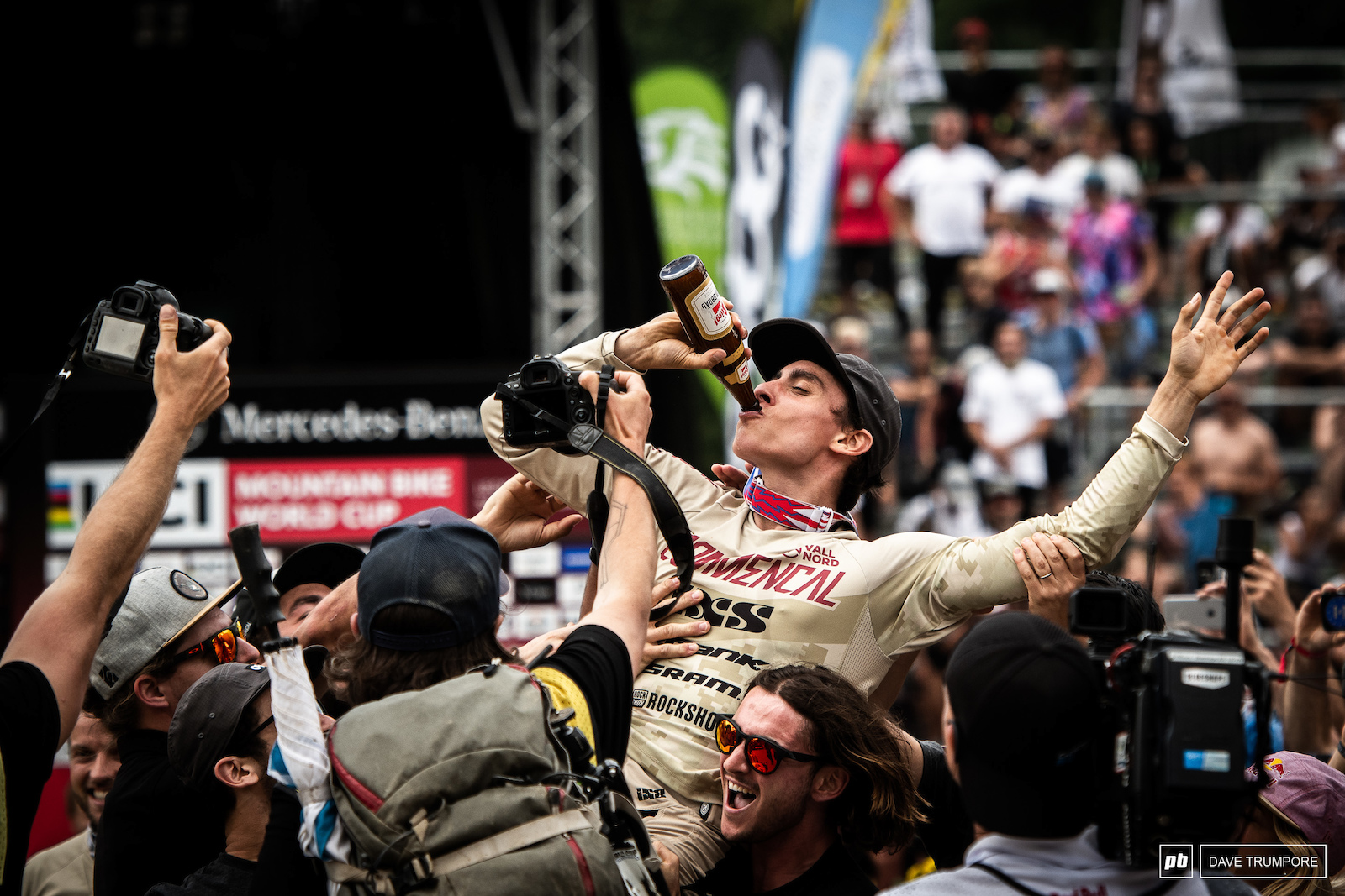 One week later and it s a similar scene in the finish arena as Amaury Pierron celebrates a win on the shoulders of his Commencal teammates.