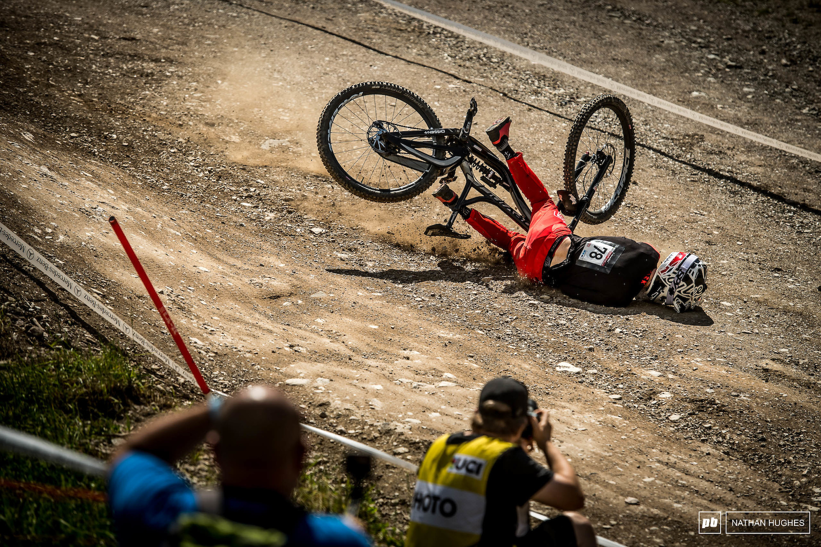 Canadian national champ Kirk McDowall crashed off the shark fin before the finish area and it was a hard hit. Thankfully he walked away largely unscathed.