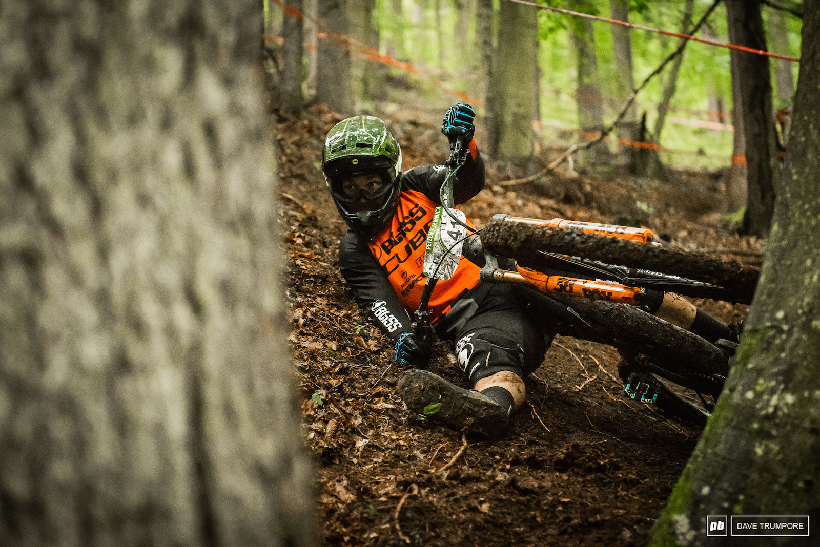 After all the rain many of the fresh cut off-camber sections were quite treacherous. Matt Walker found the limit of traction near the bottom of Stage 2.