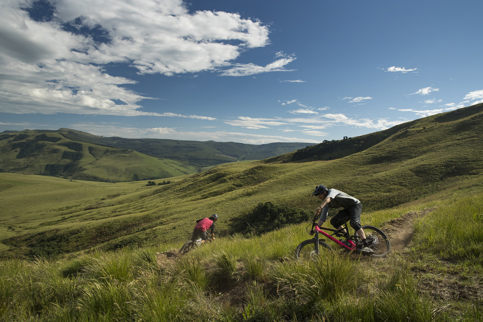 Matt Hunter with locals Hylton Turvey and Fanie Kok riding in the trails of Karkloof and Drakensberg in South Africa.