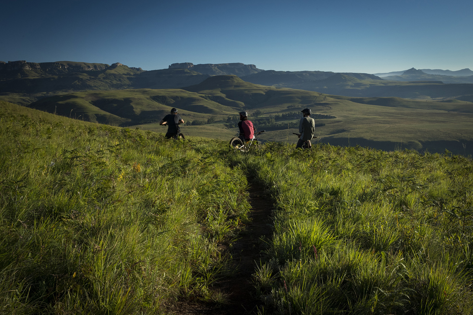 Matt Hunter rides with locals Hylton Turvey and Fanie Kok on the trails in the Karkloof and Drakensberg Range of South Africa