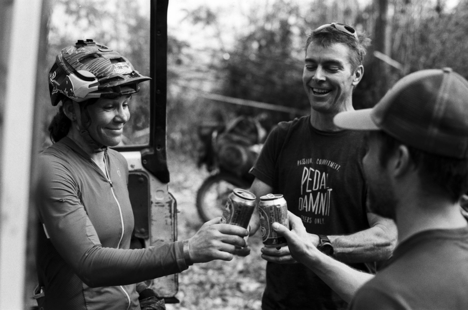 Rebecca Rusch and crew members drink a beer along the Ho Chi Minh Trail for the feature film project 'Blood Road' in Vietnam, Laos, and Cambodia in March, 2015. // Josh Letchworth/Red Bull Content Pool // AP-1UD72R7HW1W11 // Usage for editorial use only // Please go to www.redbullcontentpool.com for further information. //