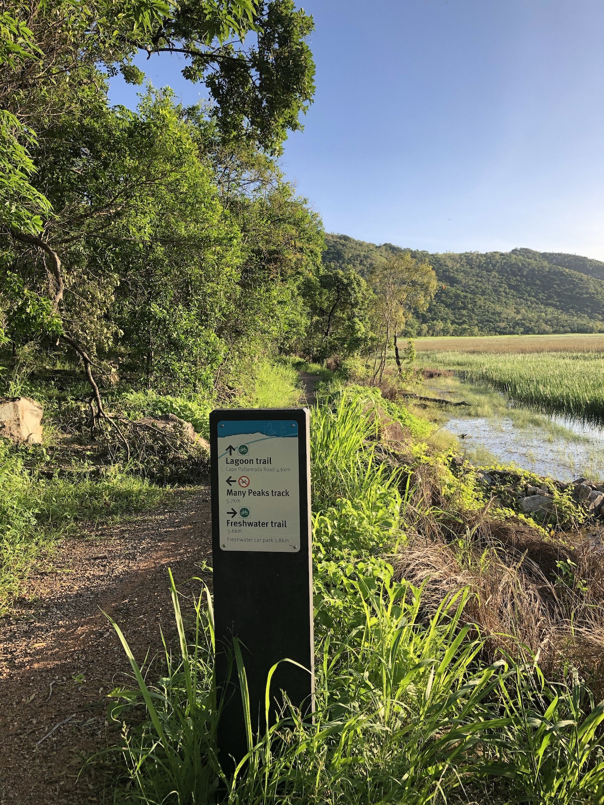 A trail sign at a fork with a lagoon and hillside visible in background.