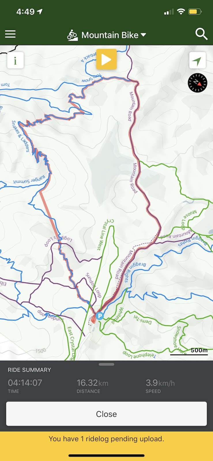 A phone screenshot of a mountain bike ride map and GPS data.