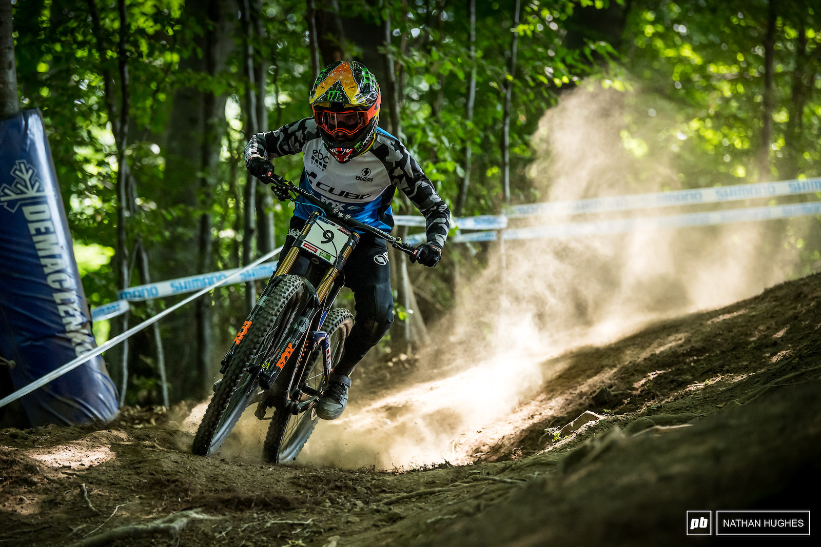 Danny Hart full throttle into the first compression in the top woods.