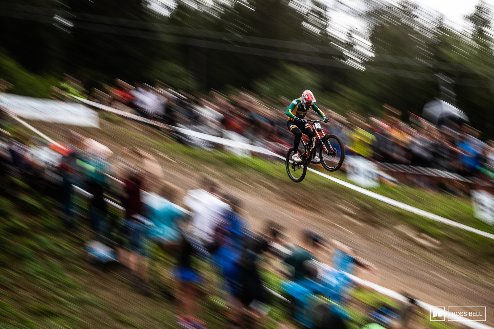 Greg Minnaar launches his way into the finish arena on route to the World title.