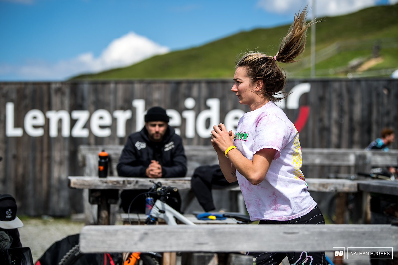 Tahnee Seagrave gets her blood pumping in the open air before go time.