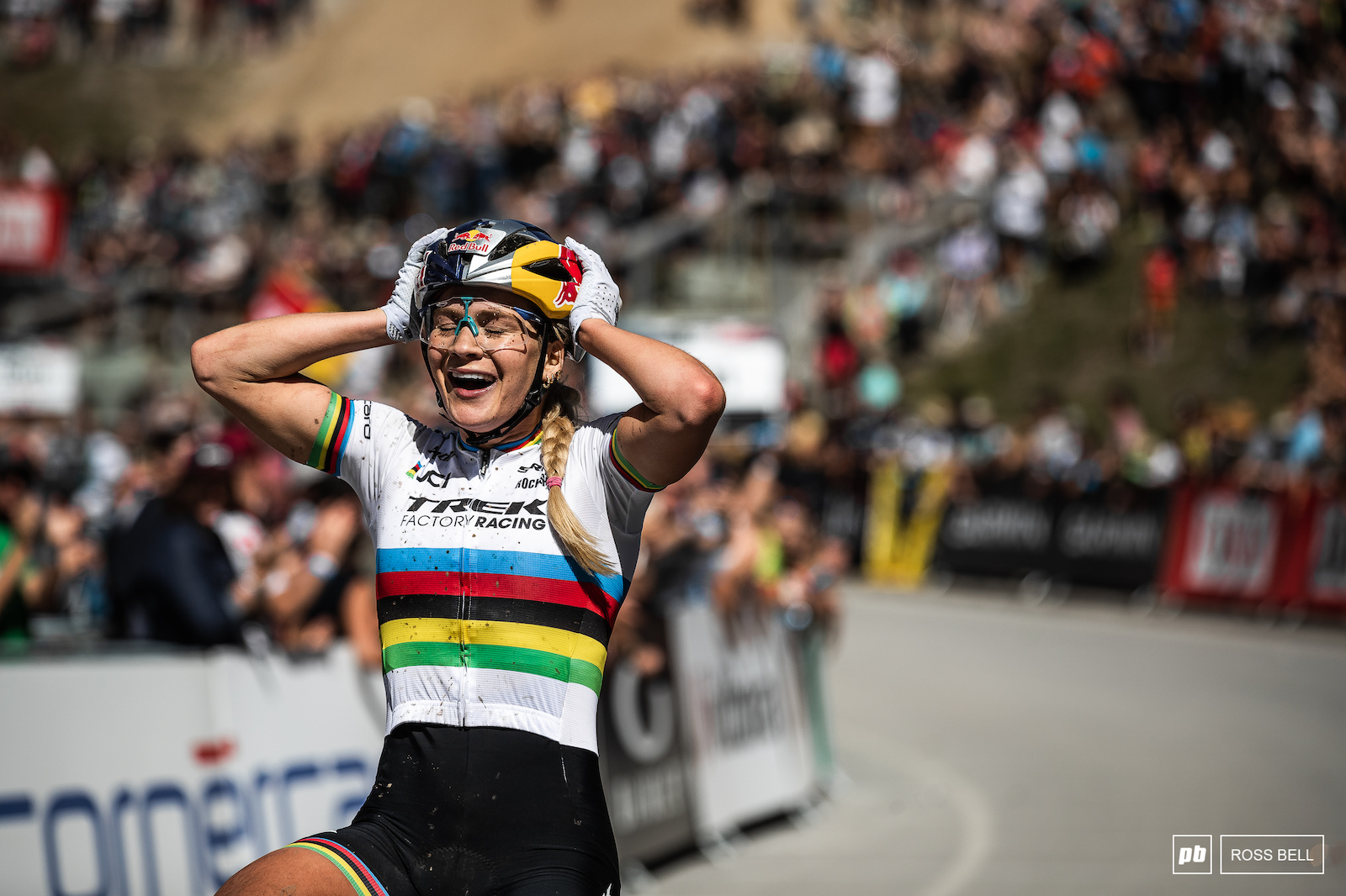 Sheer disbelief as Evie Richards takes her first elite World Cup win just a week after taking the rainbow stripes.