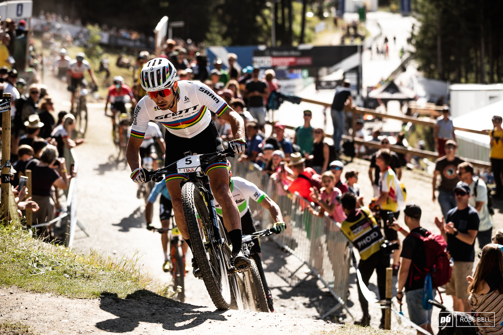 Nino Schurter takes control at the front of the pack.