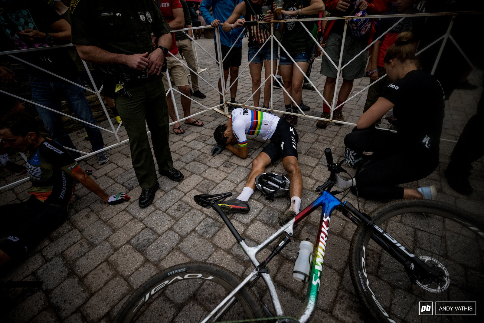 Chris Blevins in a world of pain after some gruelling racing and a three way sprint finish.