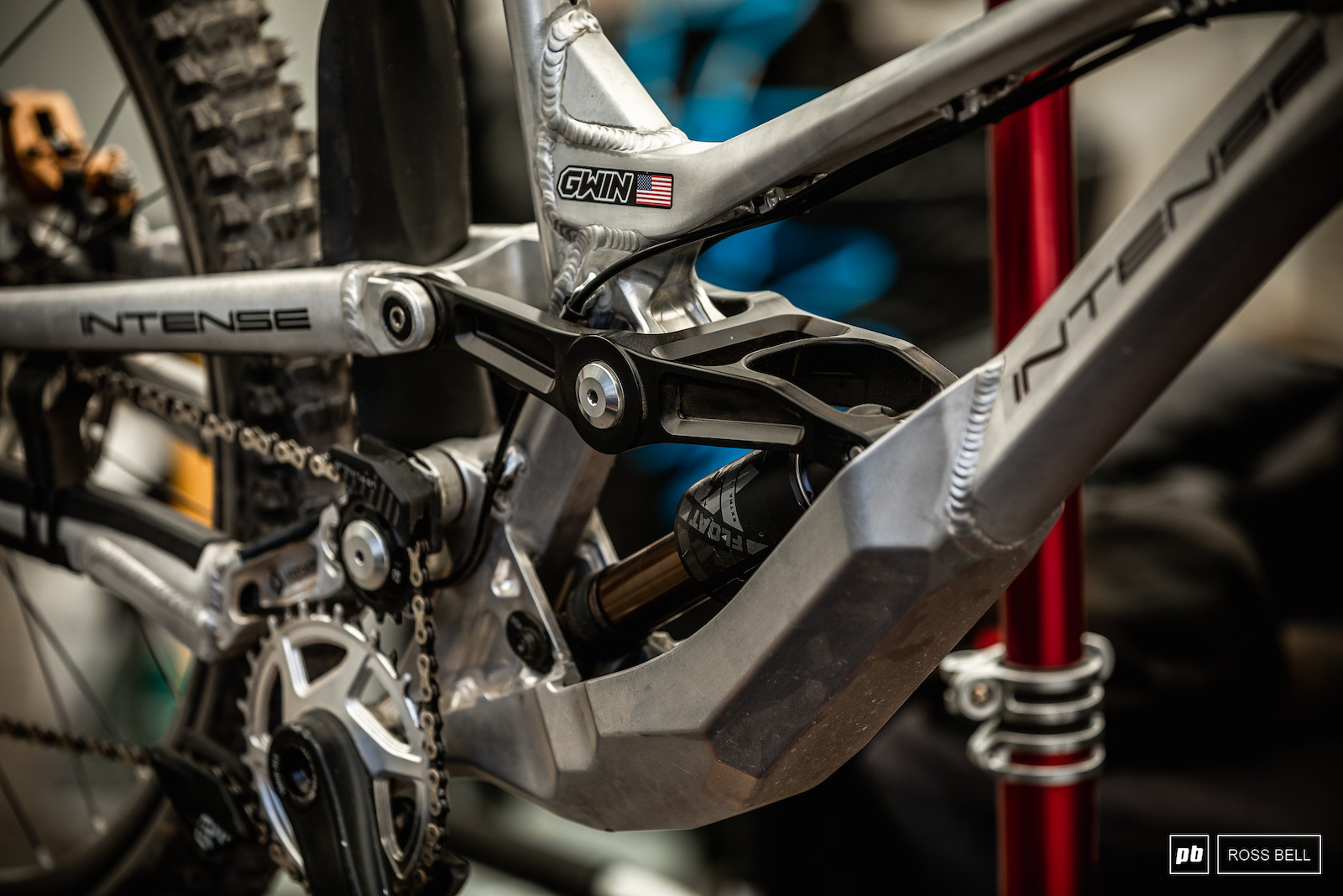 A detail shot of the linkage on Aaron Gwin s Intense