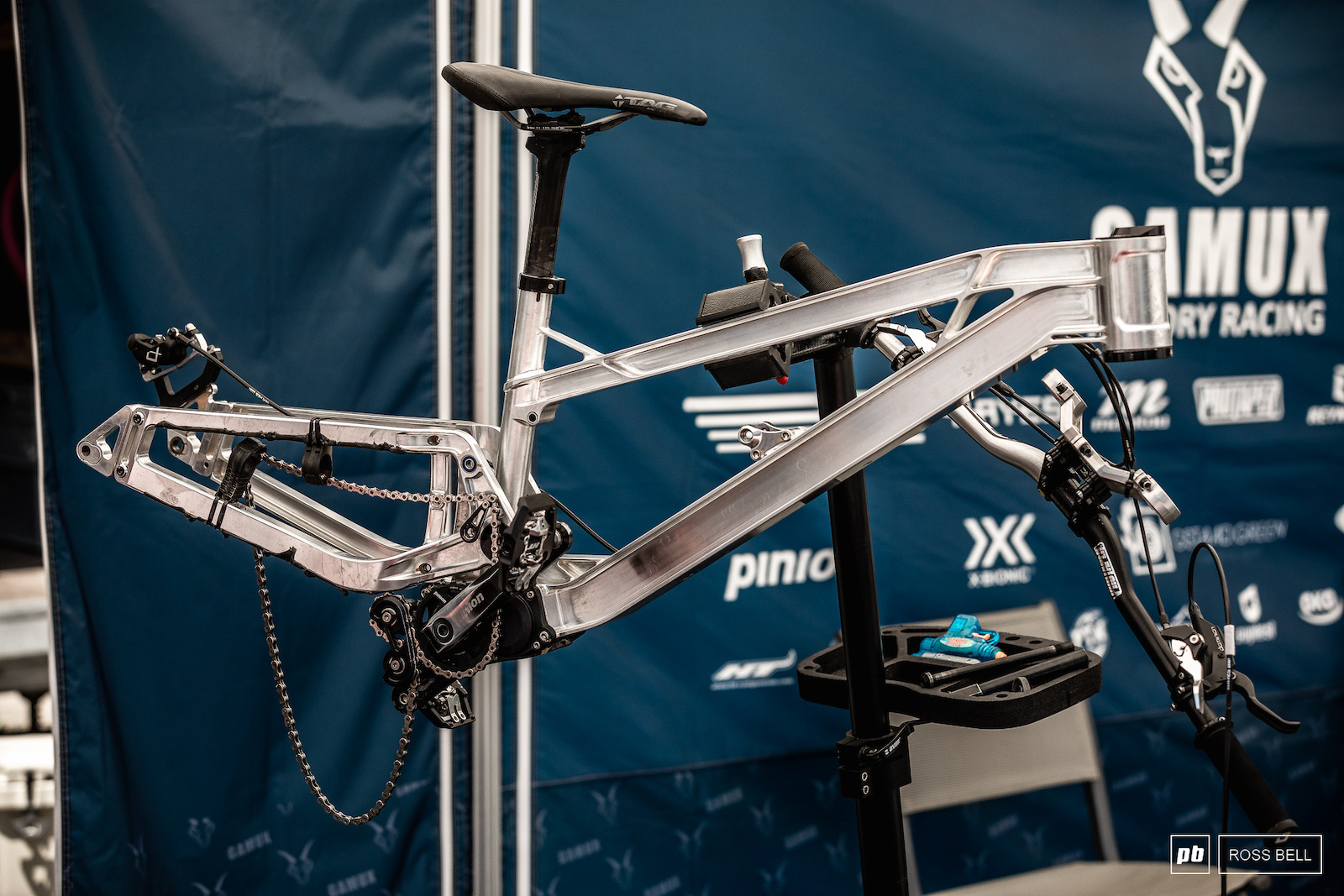 The Gamux downhill bike really stands out in the World Cup pits.