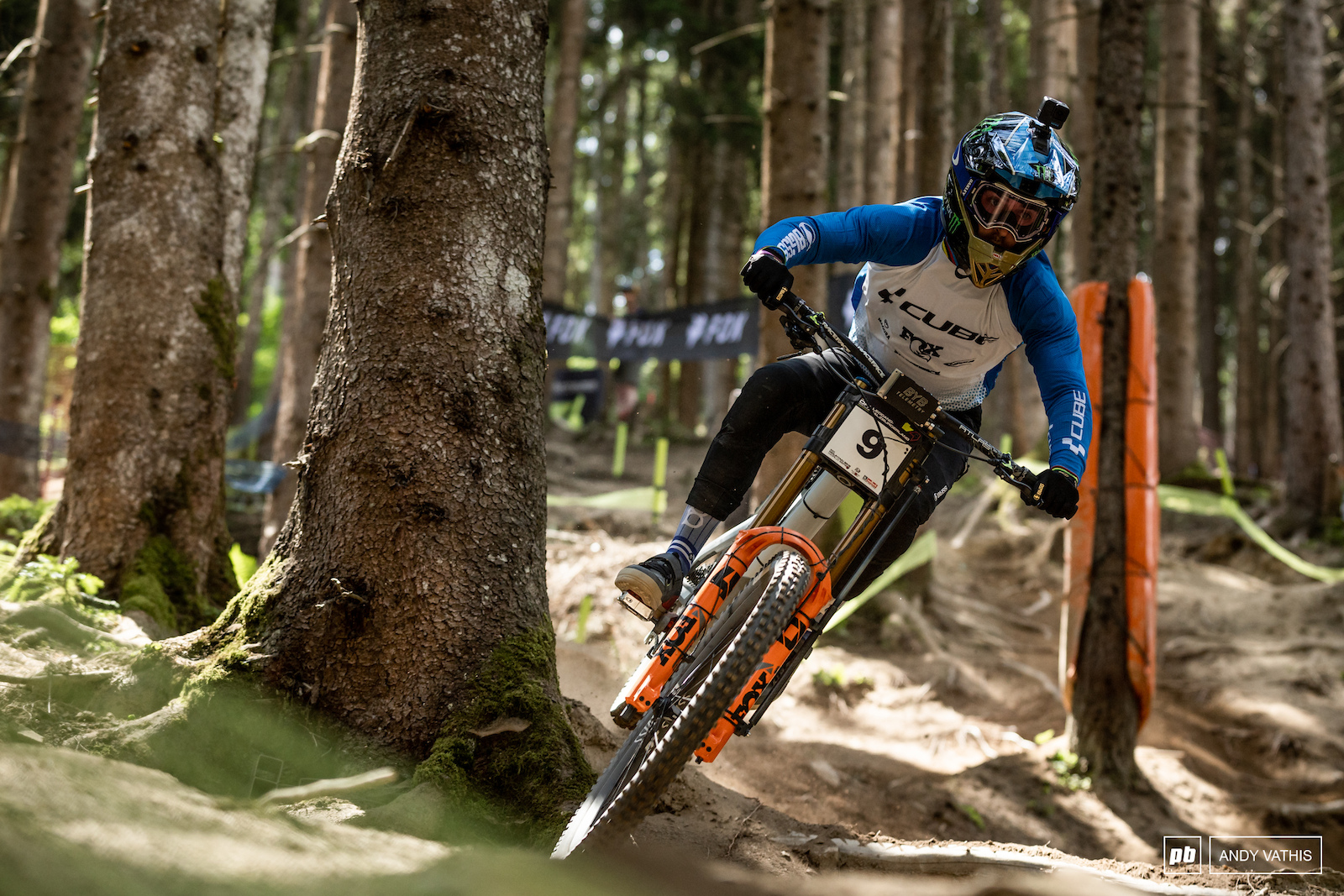 Danny Hart smashing through the trees in the lower steeps.