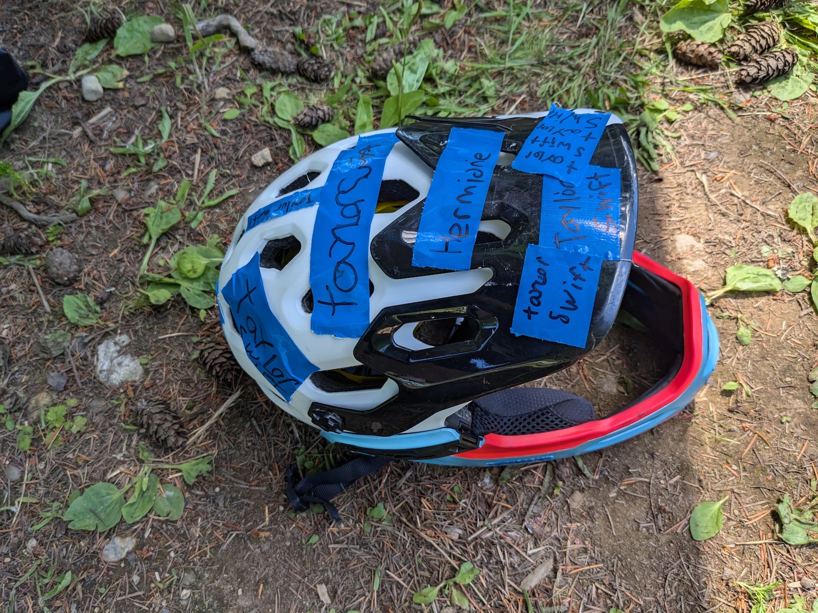 A blue and white bicycle helmet with writing on it lying on forest ground.