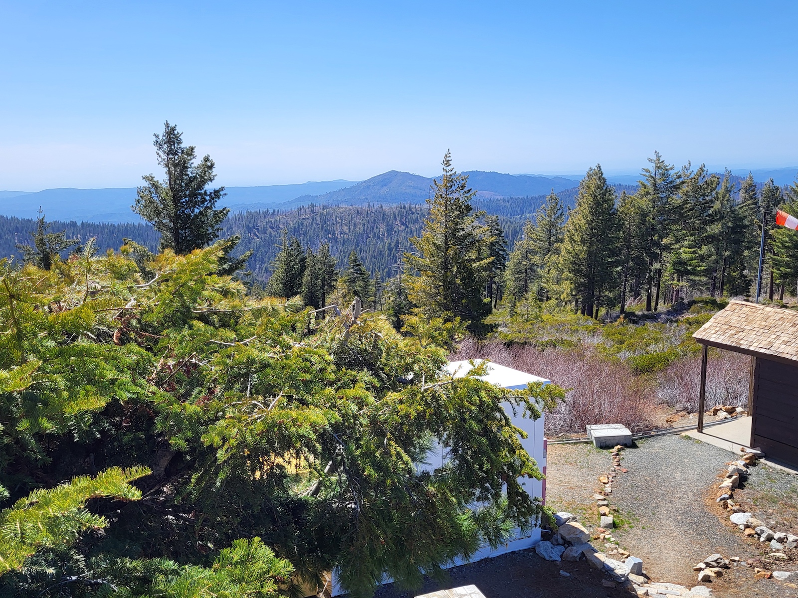 View west from Crane Flat Lookout to Pilot Peak and another lookout.