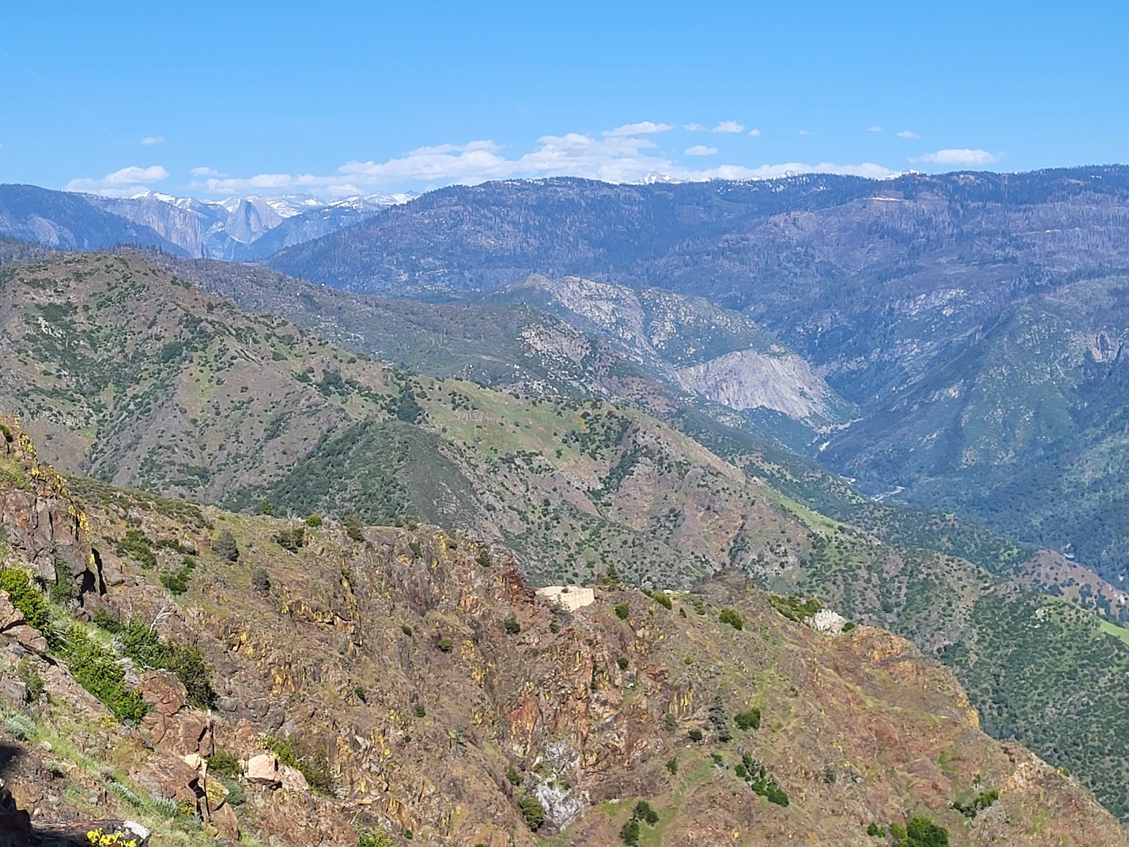 View from Trumbull Peak Lookout east up the Middle Fork Merced River, Yosemite Valley (El Cap, Half Dome) at left background