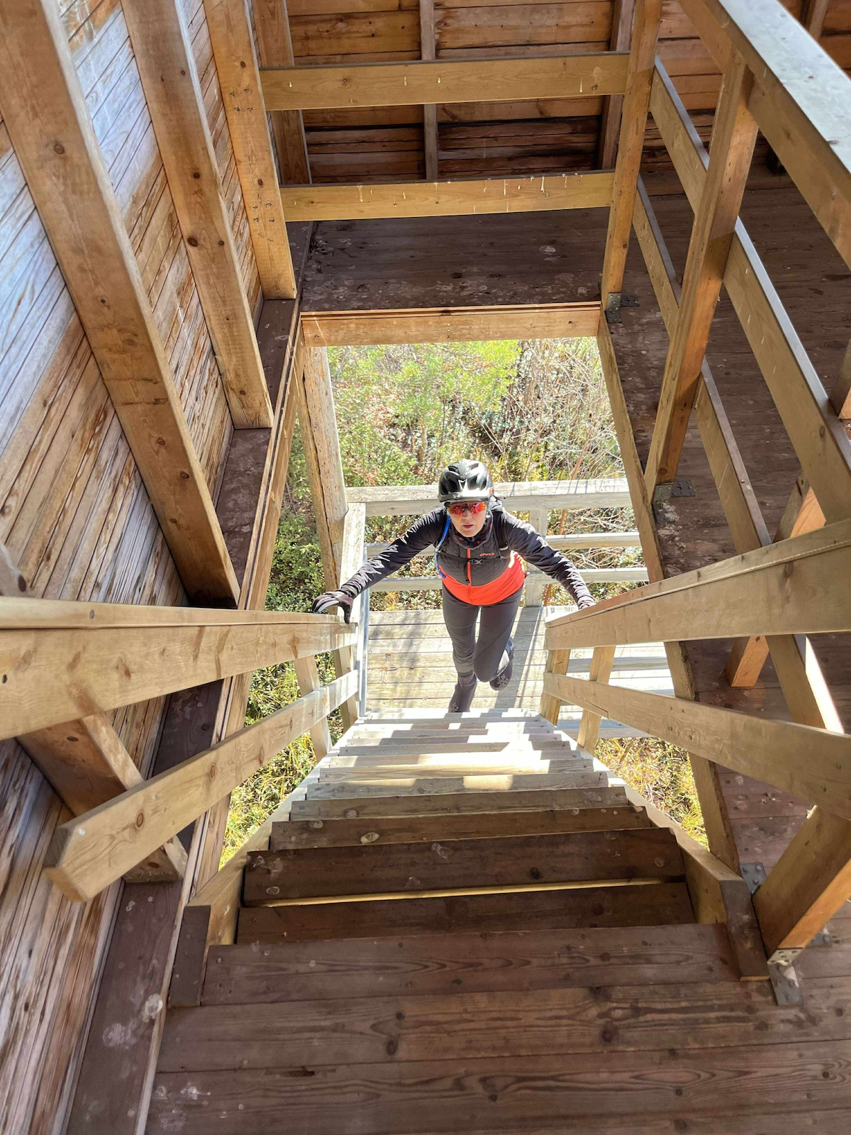 A mountain biker descending wooden stairs on a trail feature built from logs.