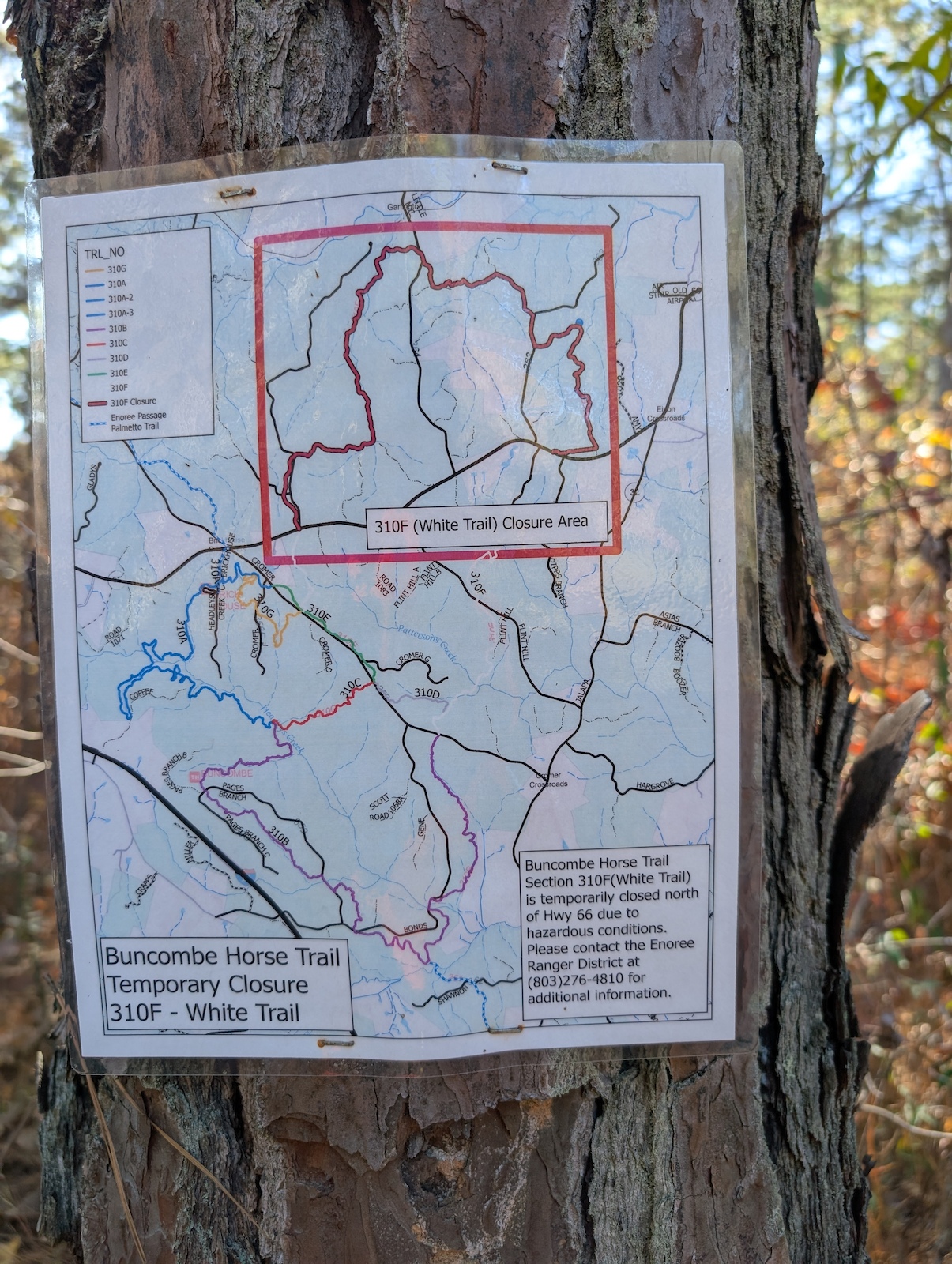 A trail map posted on a tree showing temporary closure area for White Trail.