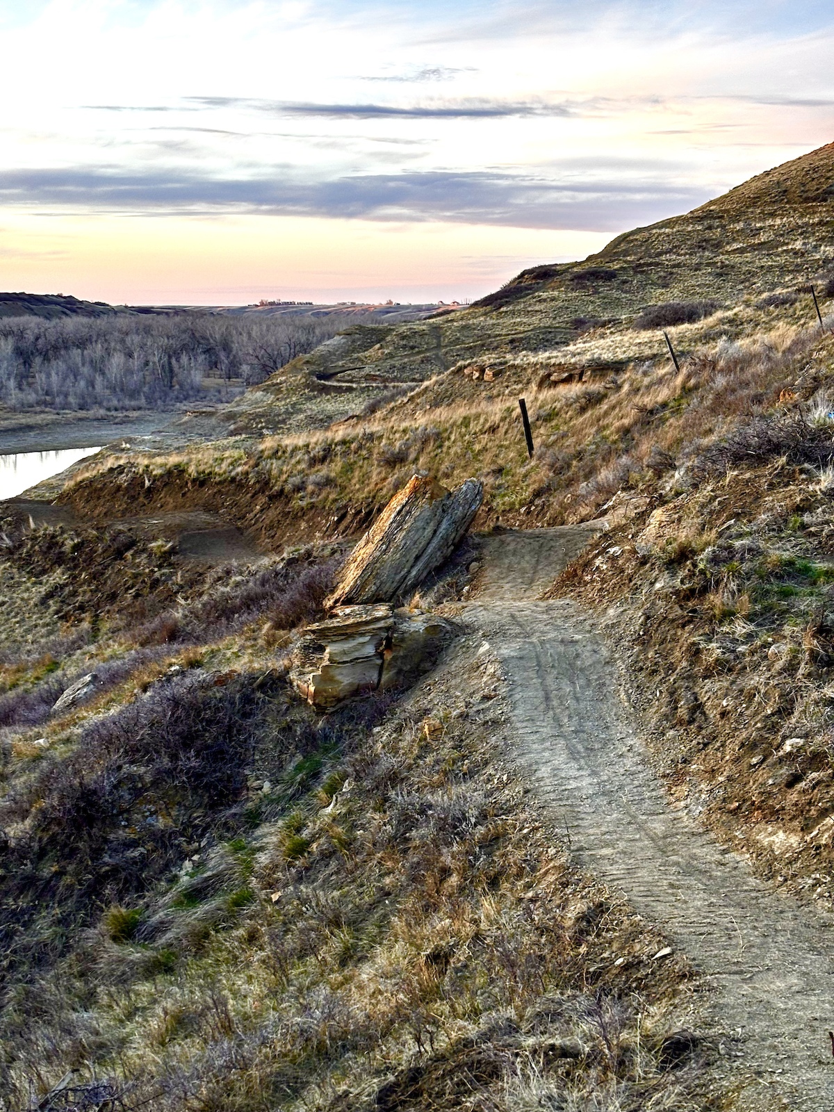 A hillside trail with expansive valley views, a lake, and distant forest under evening light.