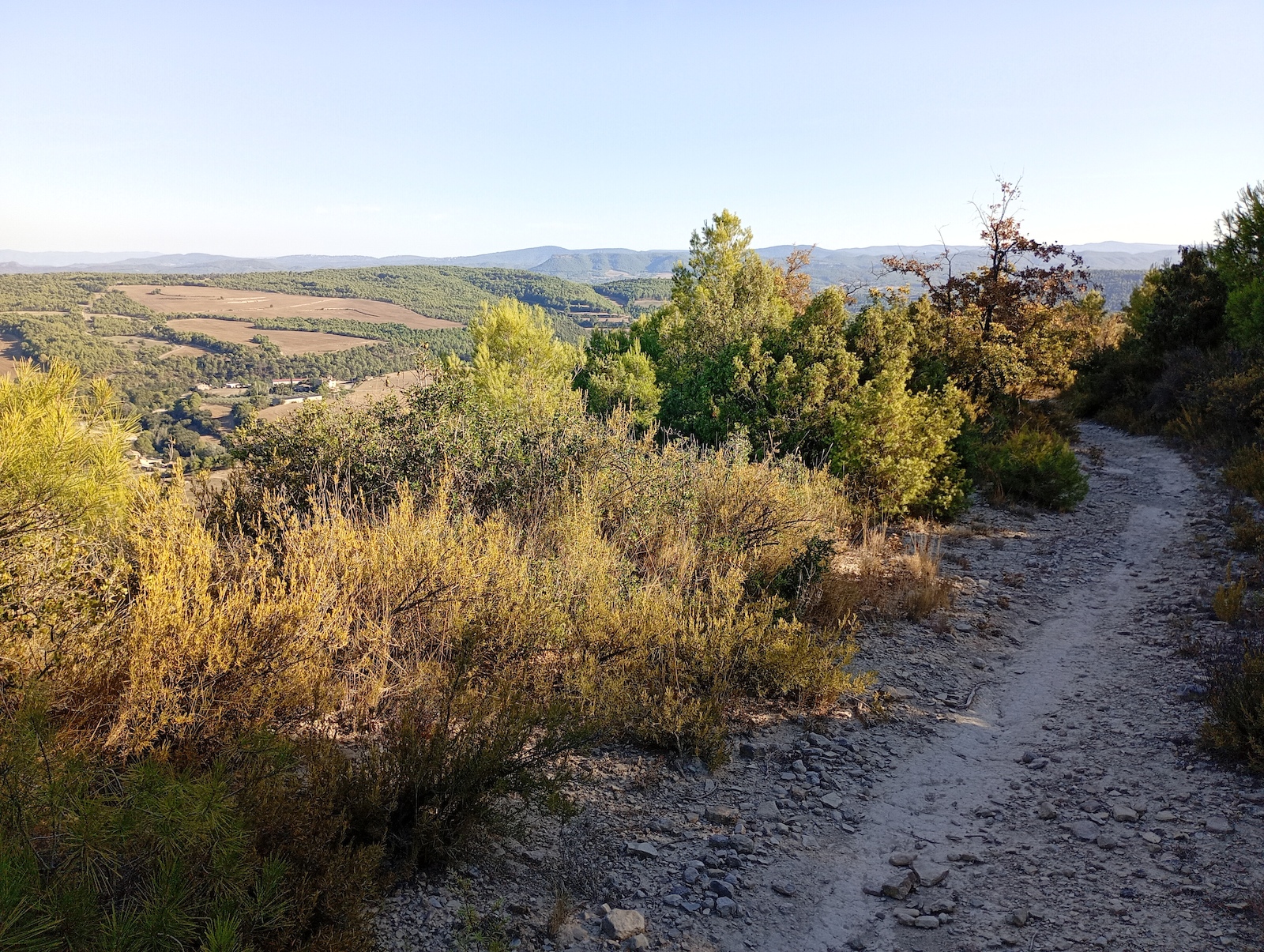 A rocky trail descending through desert scrub with distant mountains and valleys under clear sky.