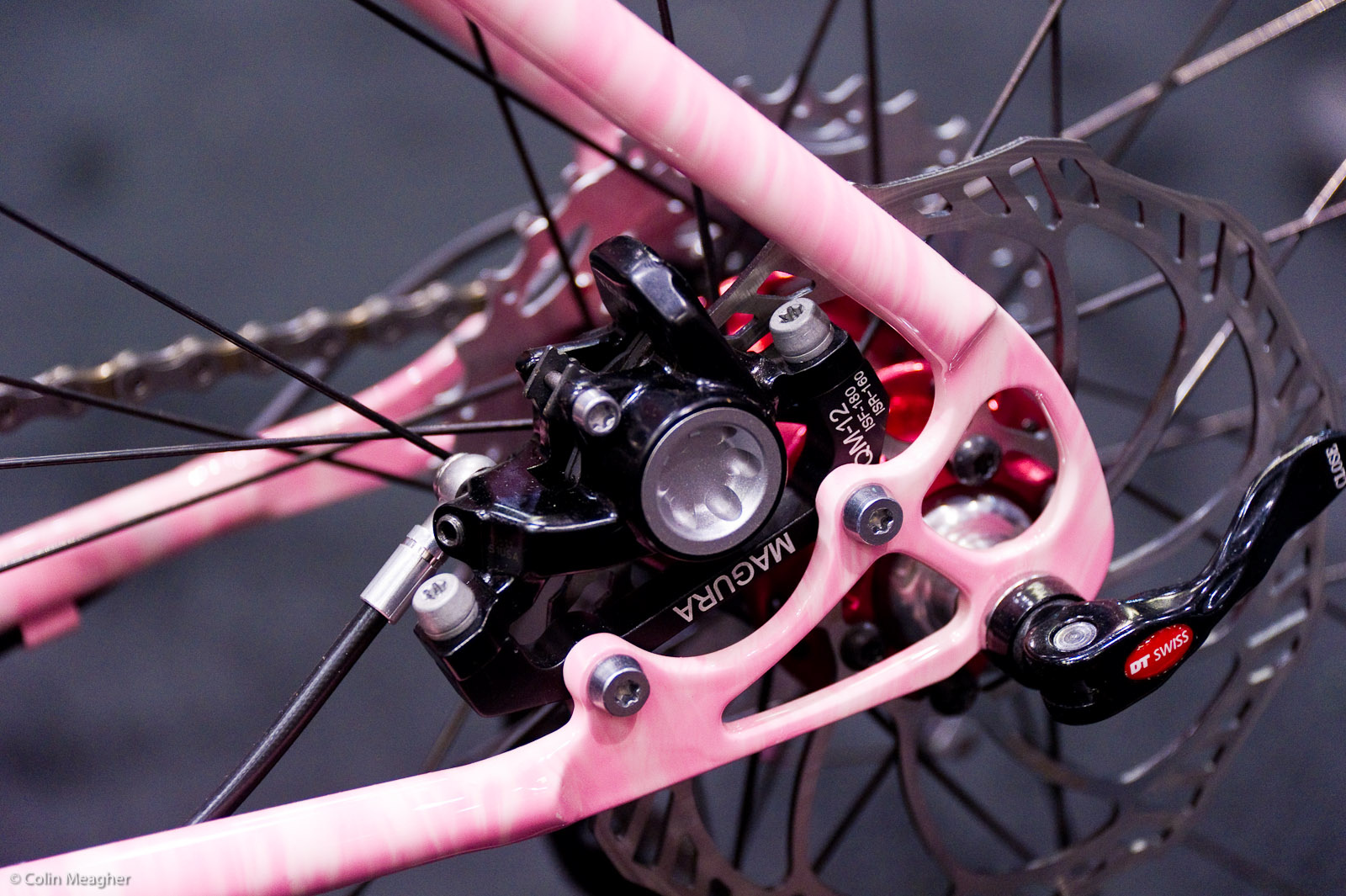 Rear brake caliper mount on the Groovy Pink Bike.