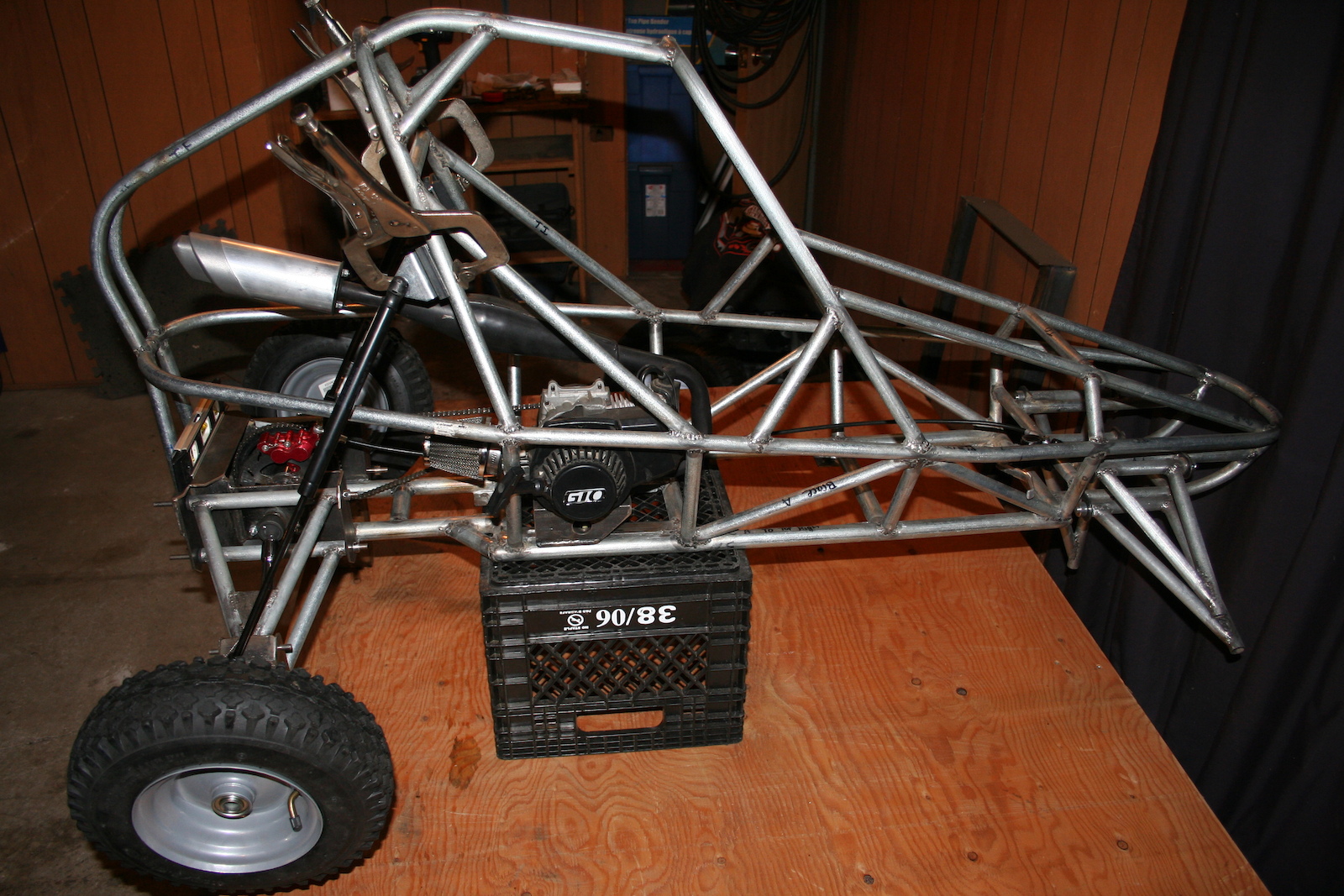 My winter project.  A half scale remote controll dune buggy.  50cc engine.  Now it is summer I am too busy riding my bike to finish this project for now.