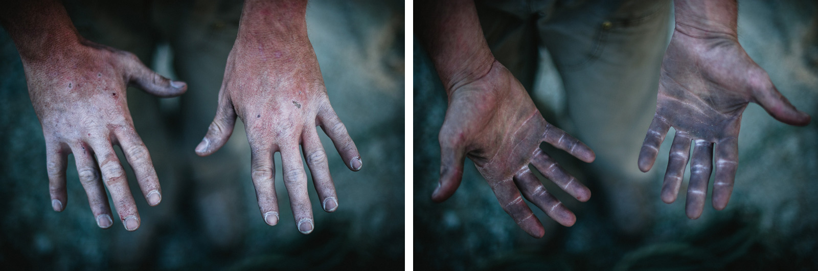 The hands tell the story of a day spent climbing up the Regular NW face of Half Dome in Yosemite.